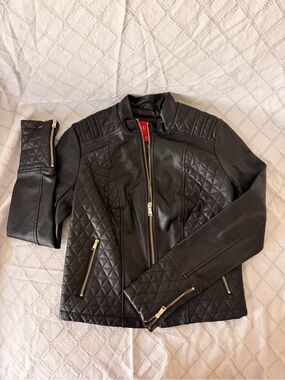 Guess Black Quilted Leather Jacket with Gold Zippers